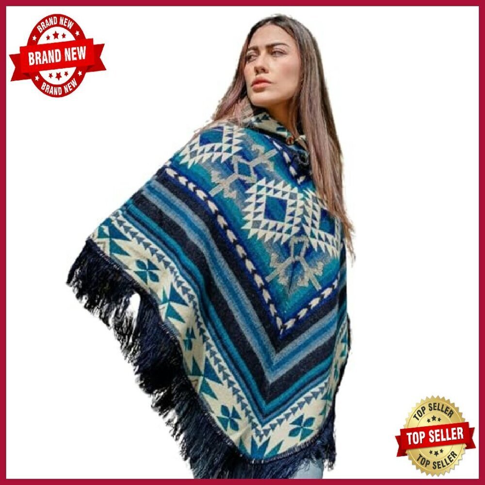 Alpaca Wool Poncho with Hood, Geometric Design, Machine Washable - Picture 2 of 7
